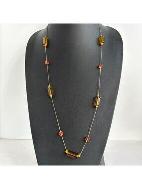 Amber Topaz Glass Cylinder Cube Bead Station Necklace Gold Cord, 34 Inch Long